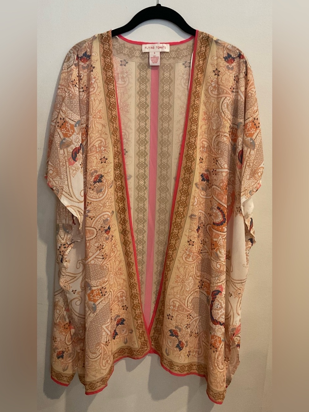 Flying Tomato Beige Paisley Kimono Cover up/Duster with Coral Trim